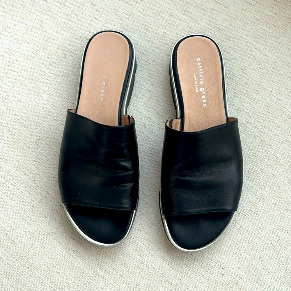 Patricia Grern Leather Slides. Black/Silver. Made in Spain. 39. Good Condition